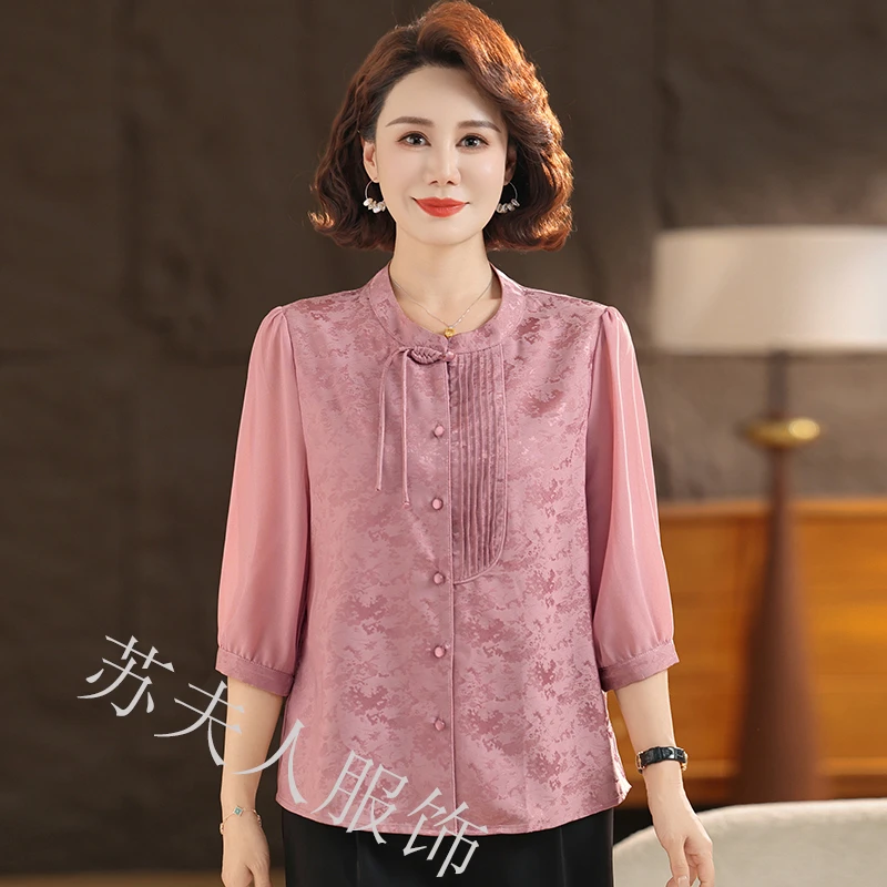 时尚中年妈妈夏装衬衫新中式中袖T恤上衣中老年女装夏季洋气小衫