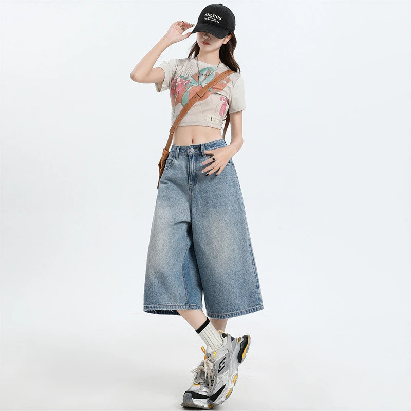 稚橘#韩系休闲慵懒感阔腿七分牛仔裤女宽松显瘦遮胯百搭直筒裤潮A