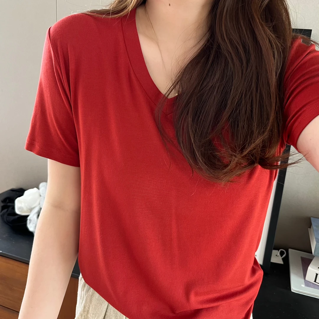 GTNER K姐纯色V领简约显瘦宽松女夏季百搭短袖T恤D1222