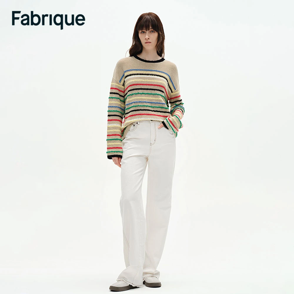 Fabrique Cici 早春新款牛乳白纯棉人字纹明线高腰休闲直筒牛仔裤