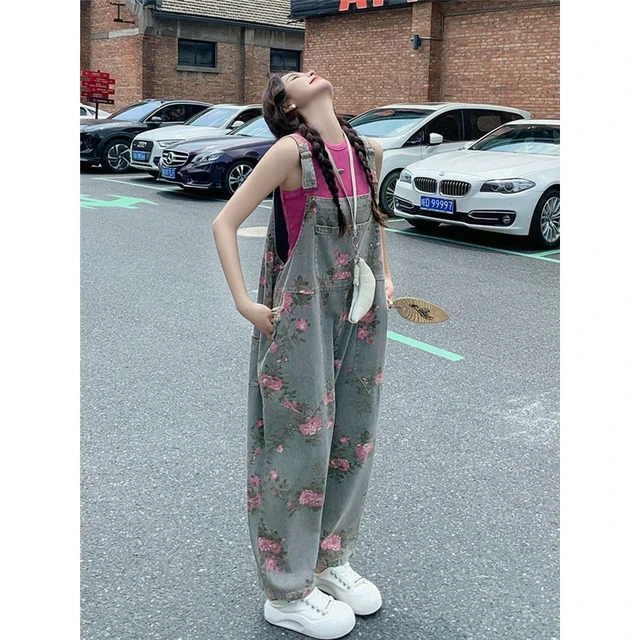 复古印花牛仔背带裤套装女夏季新款今年流行设计感减龄宽松阔腿裤