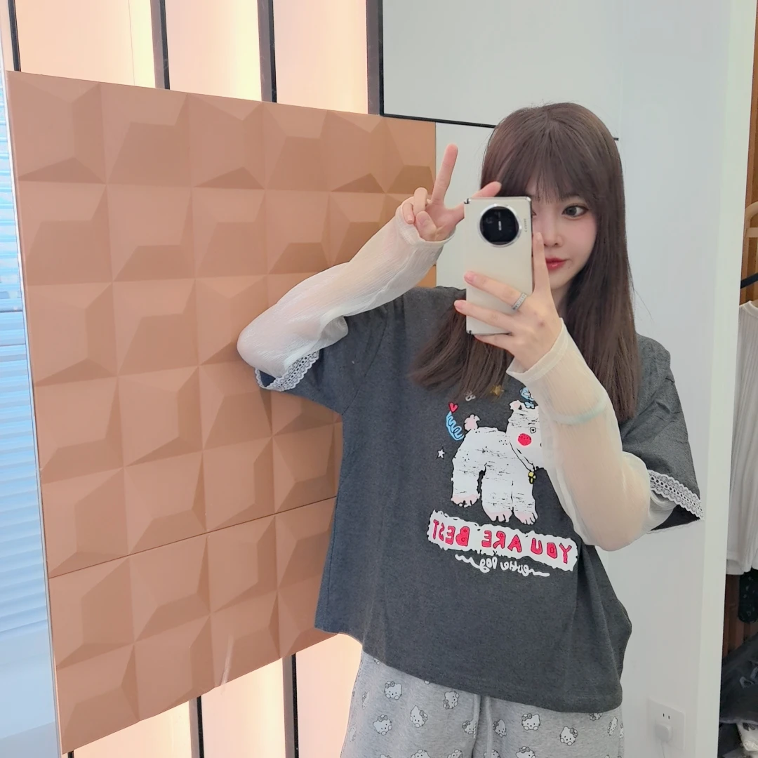 25春韩代 设计师款网纱长袖拼接假两件小狗印花T恤宽松上衣