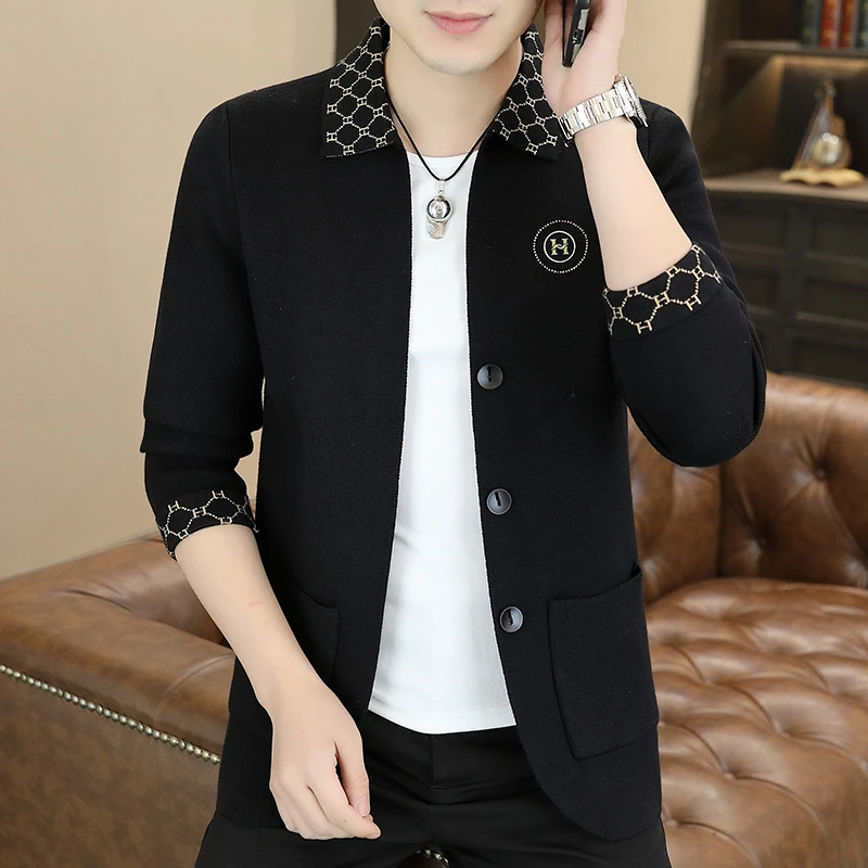 高品质针织开衫男士翻领外套春季新款时尚烫钻百搭潮流男休闲上衣