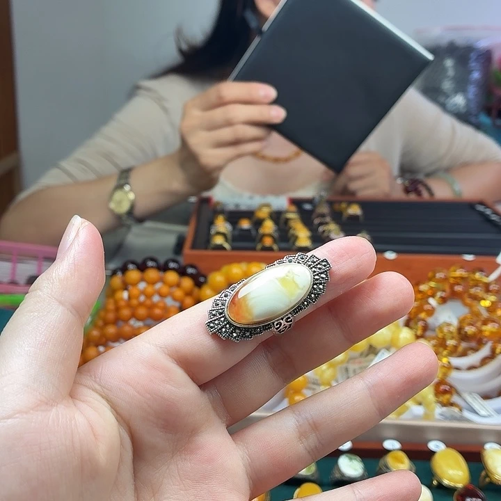琥珀银S925镶嵌戒指