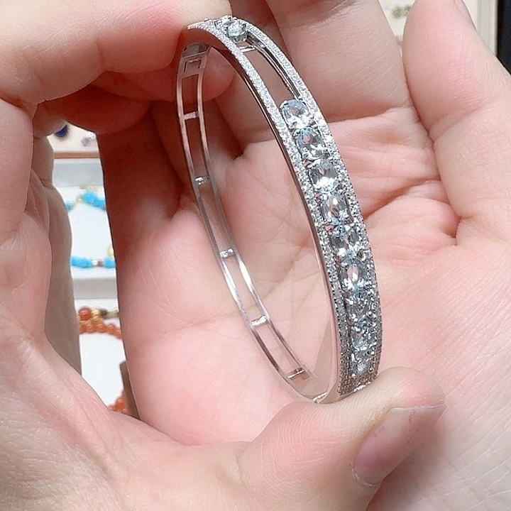 海蓝宝石手镯银S925镶嵌手镯