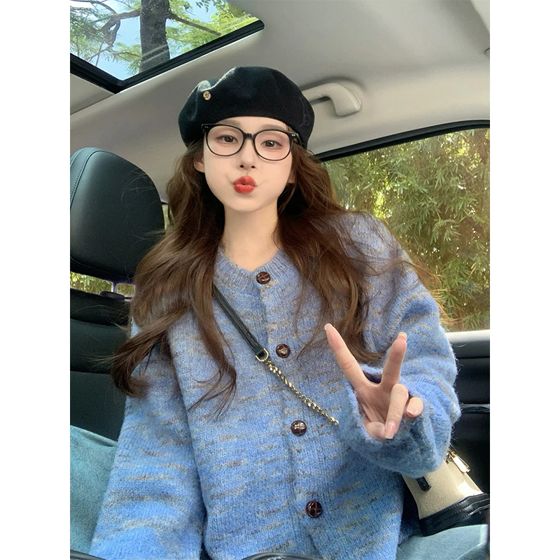 蓝色复古毛衣外套女2025新款秋冬加厚法式慵懒高级感宽松针织开衫