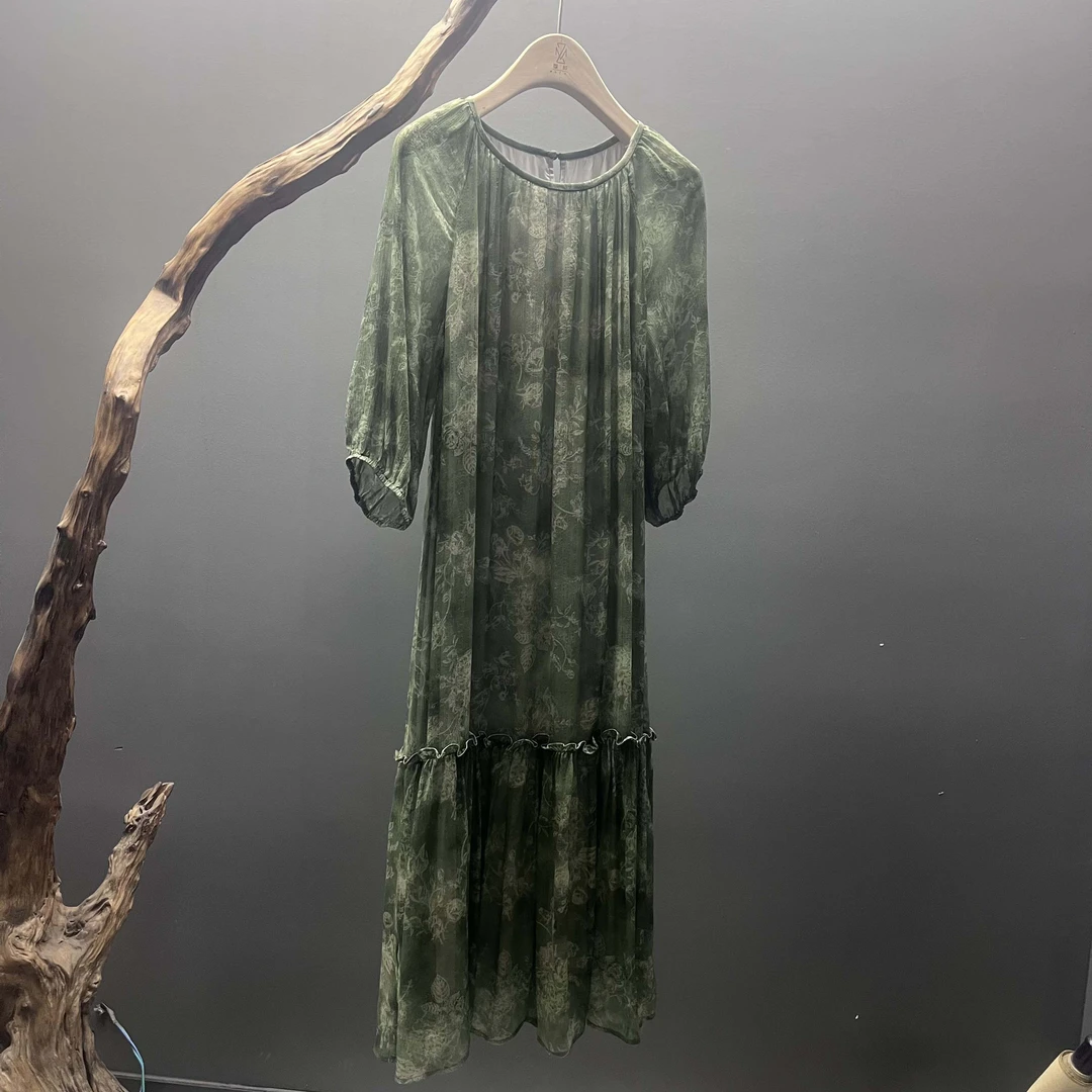 墨枝 圆领印花桑蚕丝连衣裙D9009643