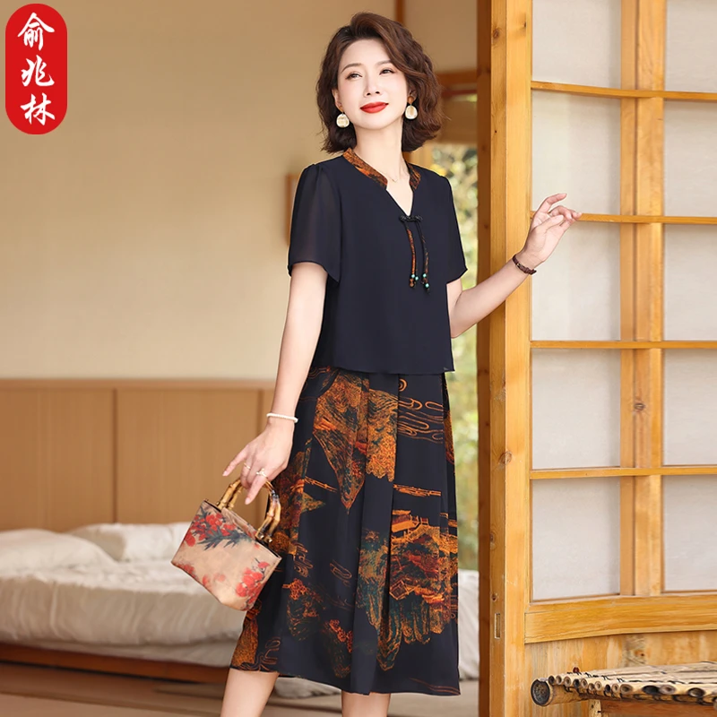 俞兆林夏装国风雪纺连衣裙女洋气质中老年妈妈夏季显瘦假两件裙子