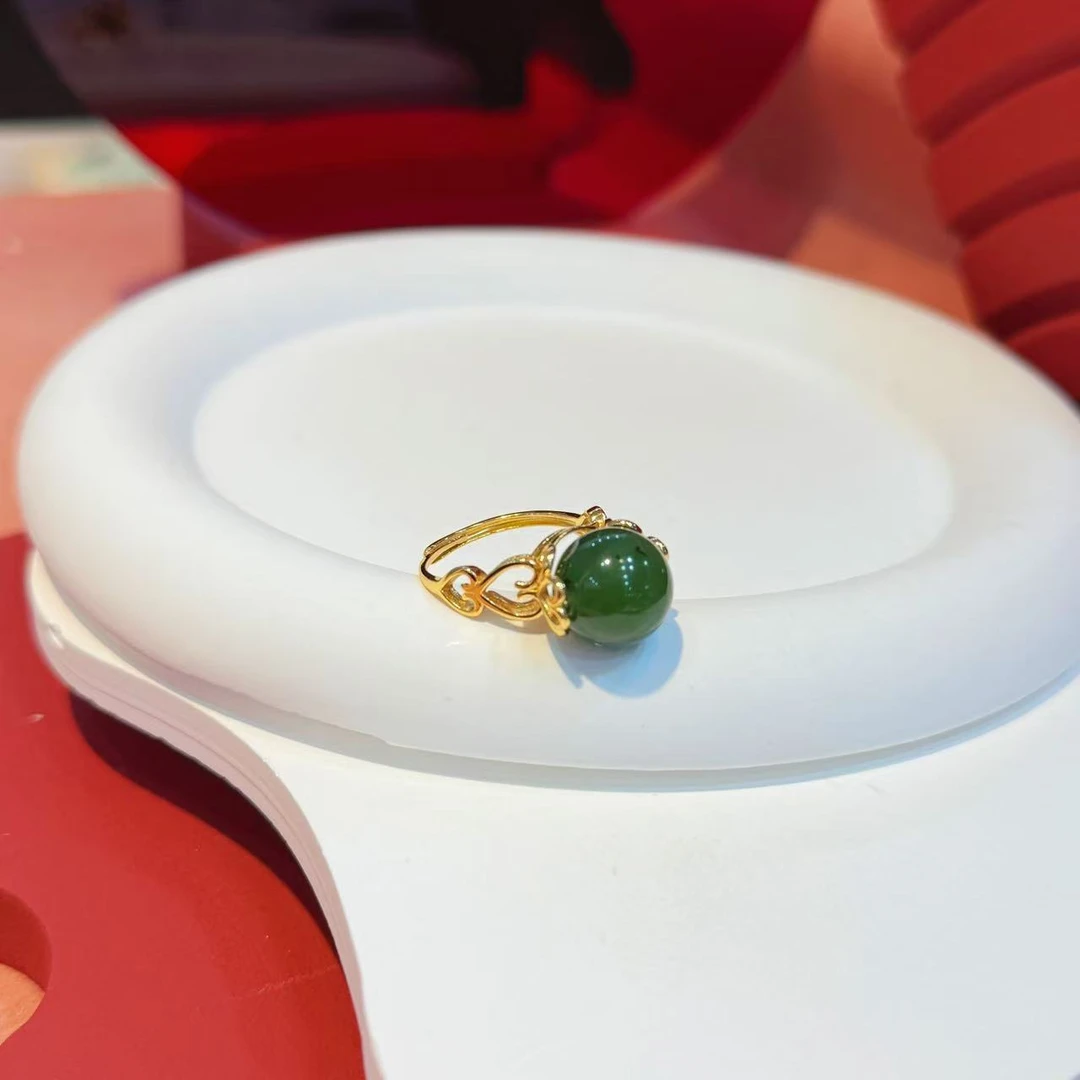 S925银镶嵌12mm碧玉转运珠戒指HNZ9509