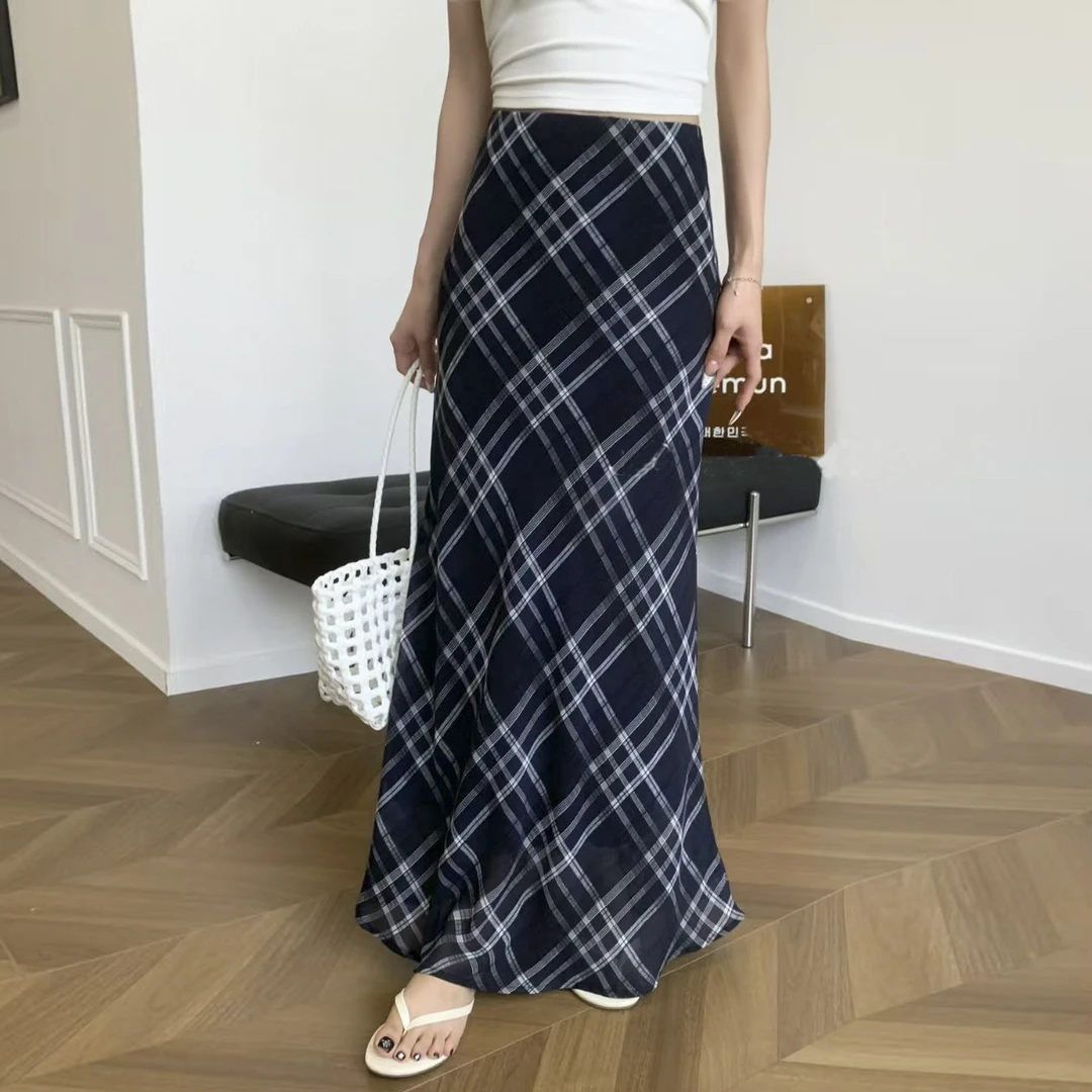 雪纺垂坠感法式复古高腰a字格子半身裙鱼尾长裙