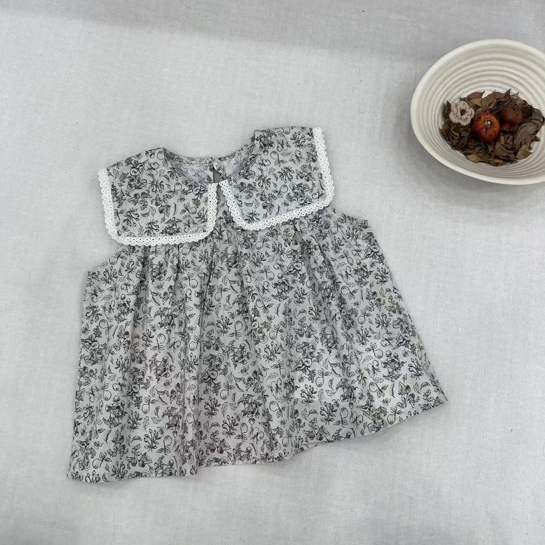 〖姐姐家〗2025夏款儿童萌娃穿搭重工碎花无袖翻领娃娃衫衬衫bt336