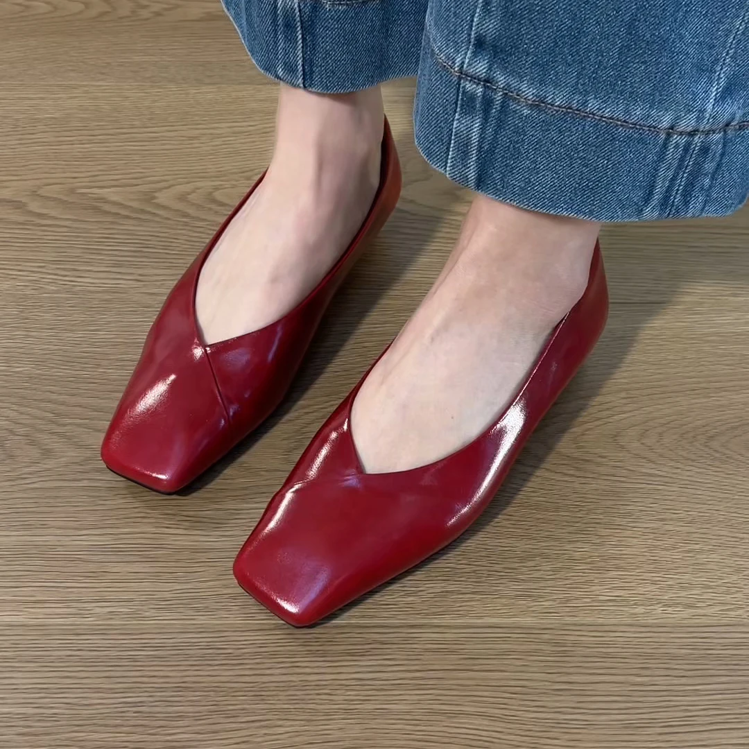 百搭气质方头百搭单鞋女隐形内增高软皮软底浅口真皮红色低跟单鞋