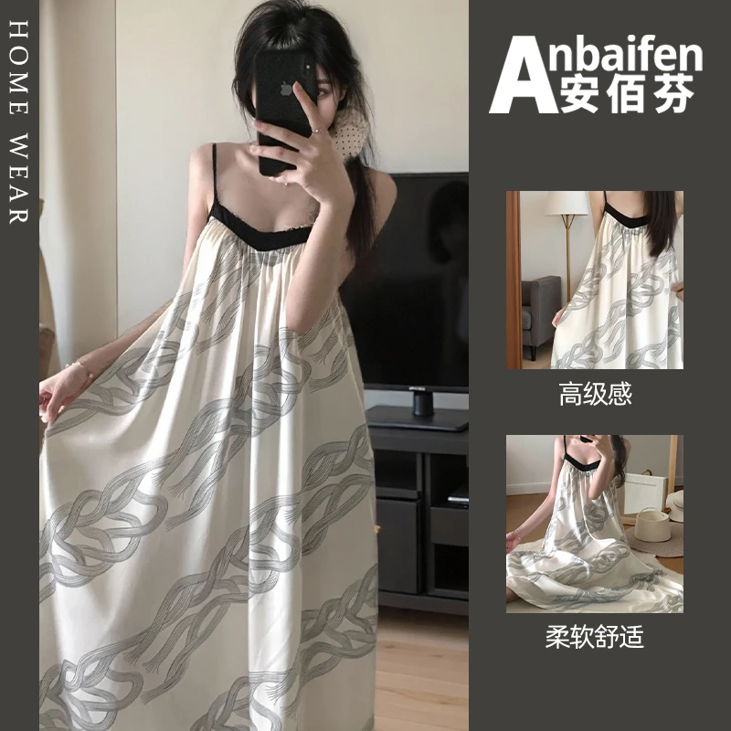 条纹黑白撞色连衣裙女夏季纯欲风2025新款性感吊带睡裙V领家居服