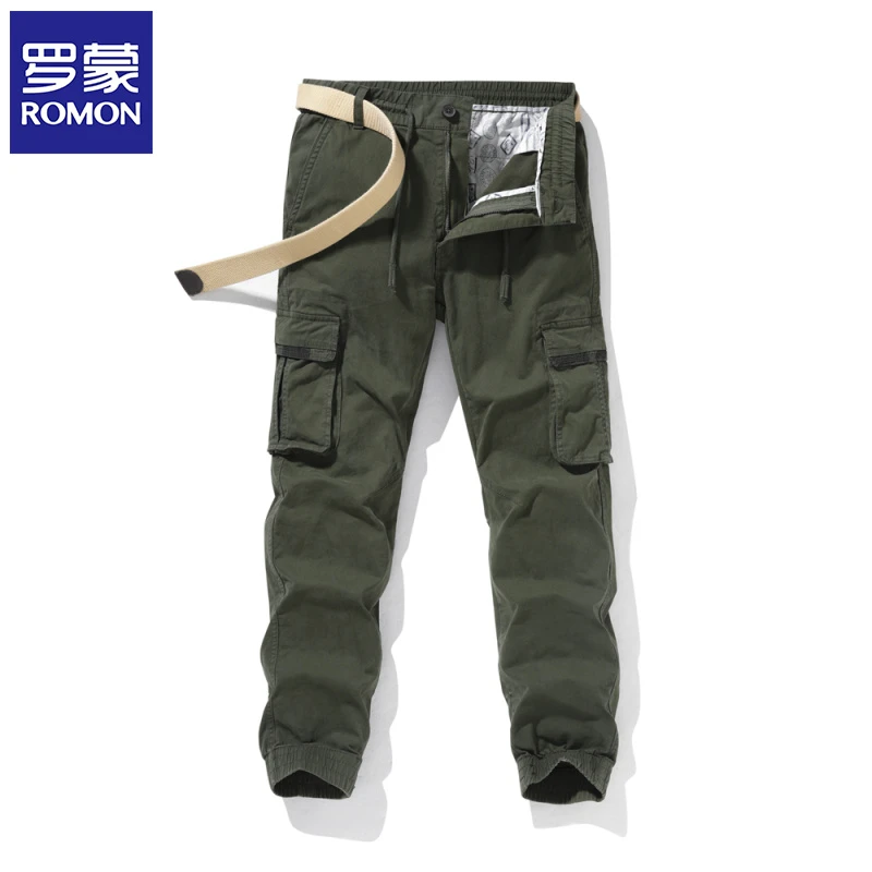 Jeep吉普工装裤潮牌男修身小脚痞帅纯棉休闲裤320g潮流军绿色长裤