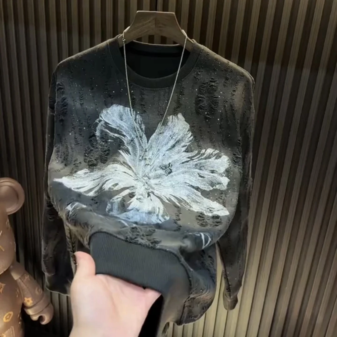 2025秋冬长袖卫衣新款曼陀罗花朵男款亮闪破洞男上衣爆款轻奢圆领