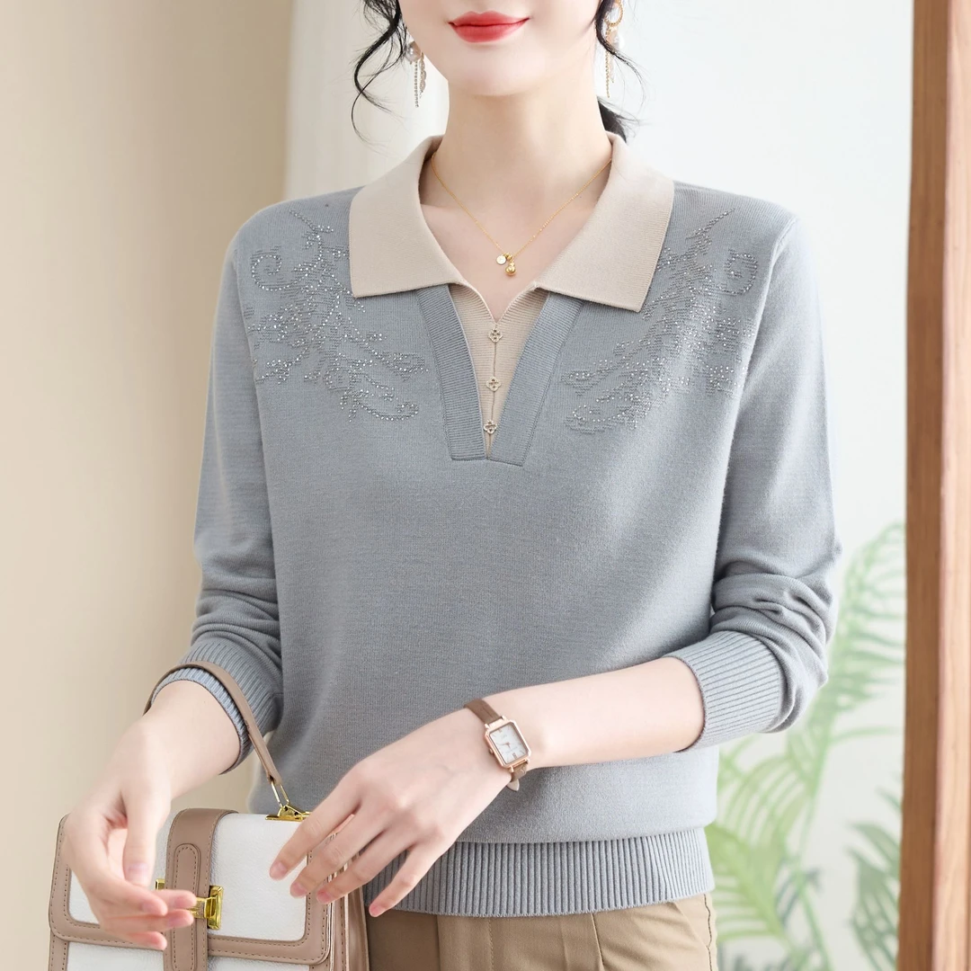 妈妈装秋装针织打底衫洋气翻领中老年女衣服春秋气质上衣宽松遮肚