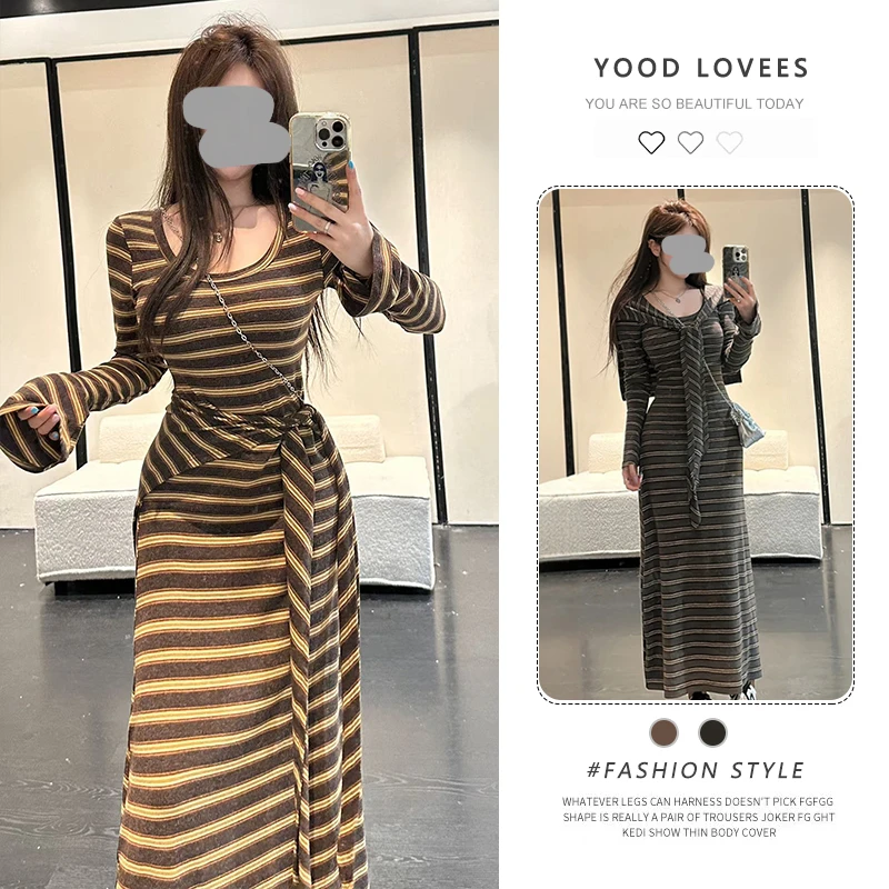 复古配披肩撞色条纹喇叭袖连衣裙女2025春秋新款高腰显瘦过膝长裙