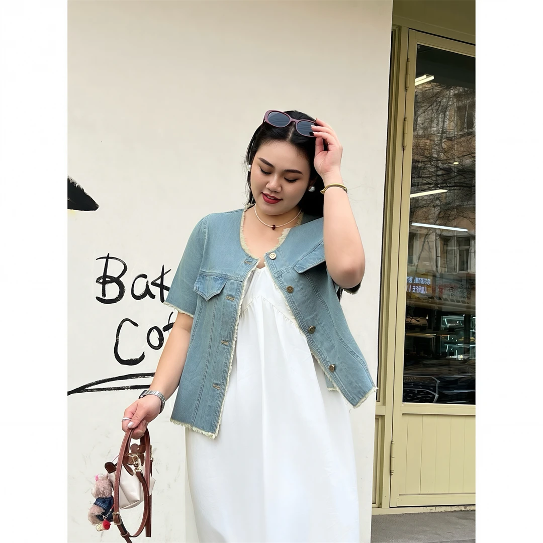 断码捡漏~薄荷潮汐 /夏款时尚短款牛仔外套4991花契大码200斤胖mm