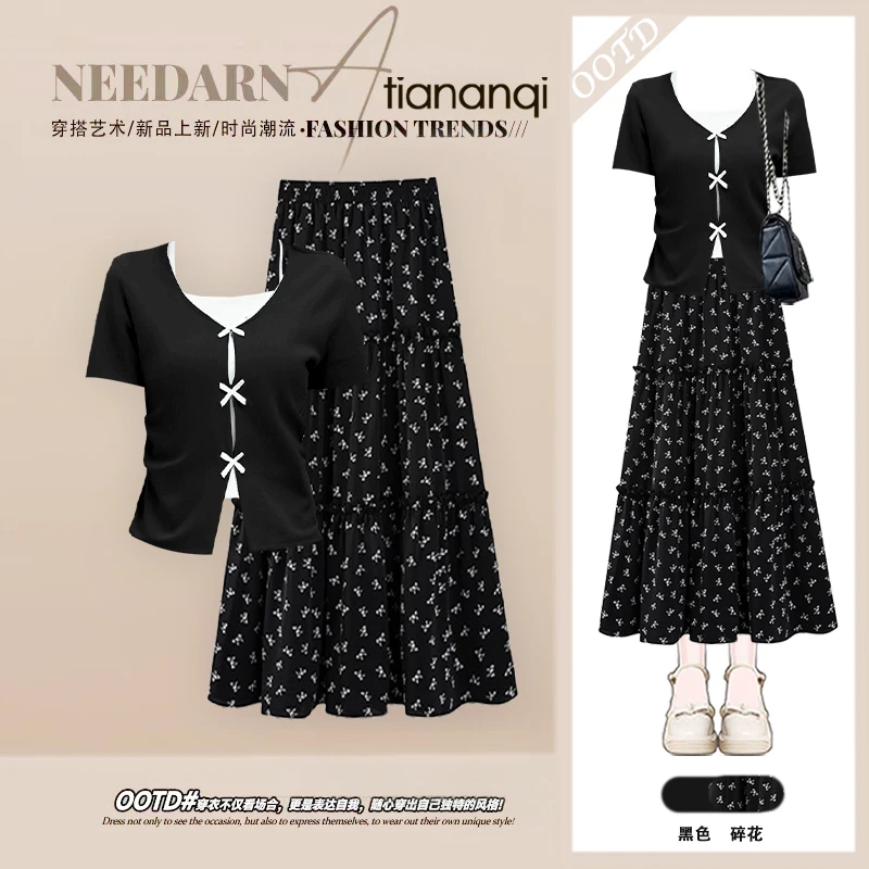 法式复古袖t恤女夏季设计感假两件修身短袖上衣搭休闲半身裙套装