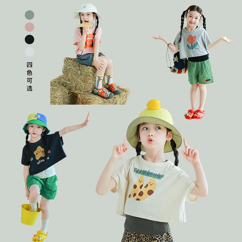 utouto大耳象女童印花短款T恤2025夏季新款透气宽松上衣2403829