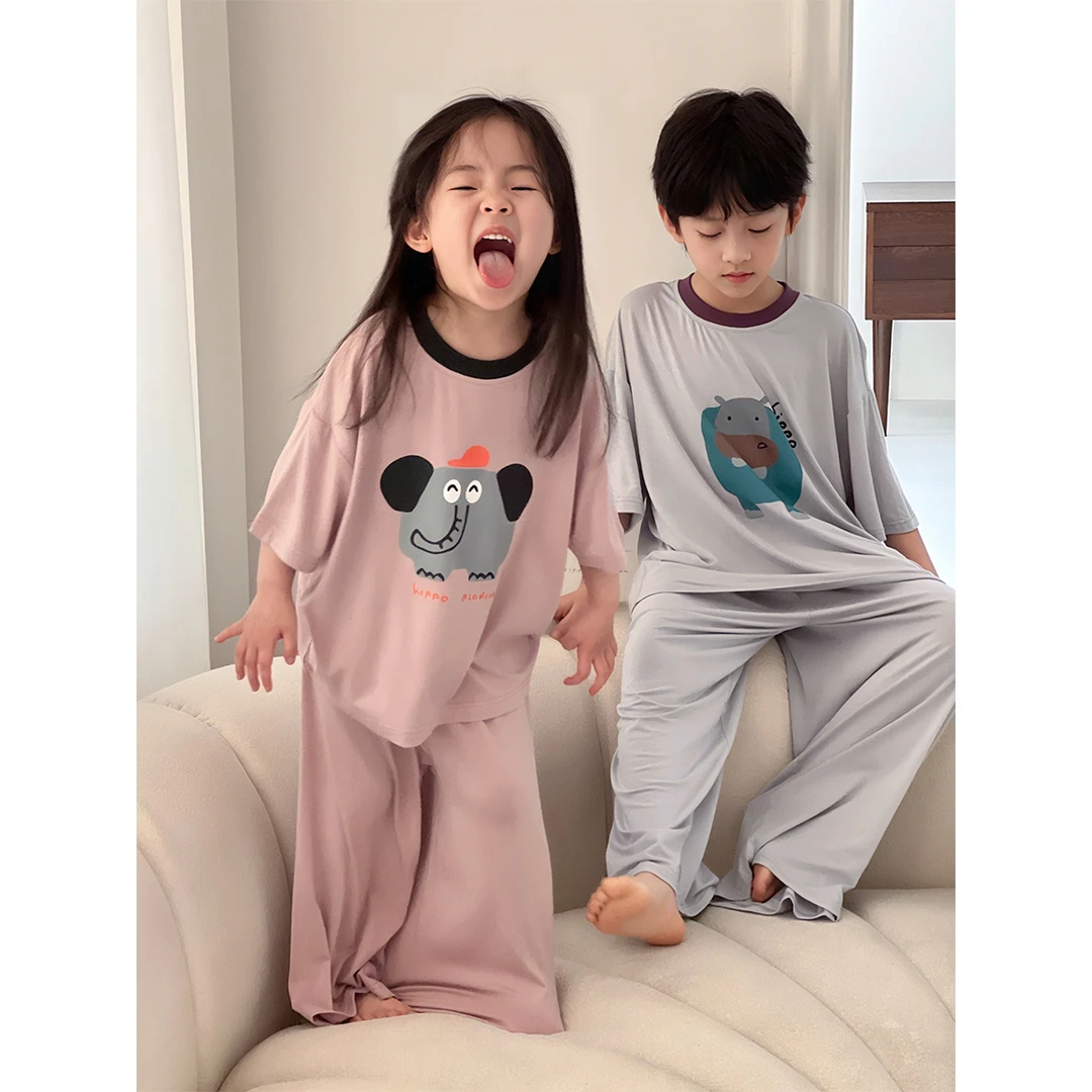 Q【现货】阿卷夏装儿童韩版可爱卡通印花休闲短袖家居服套装CC1036