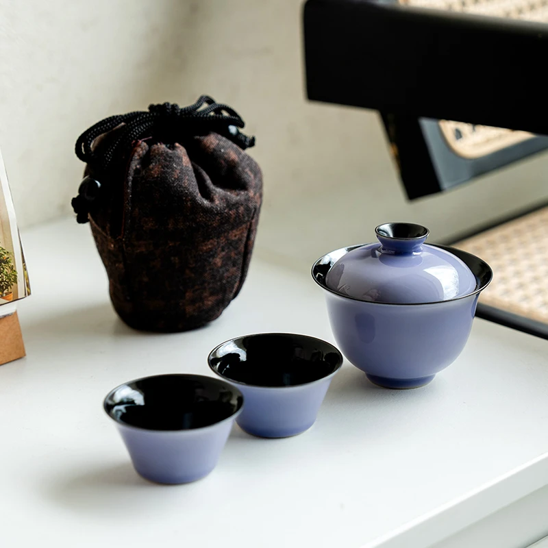 德白陶瓷旅行茶具创意紫气东来盖碗茶杯功夫茶具便携式随身收纳袋