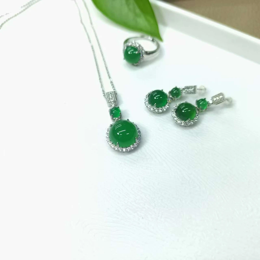 YTZ01【福佑多】翠柳金丝绿玛瑙 三件套带链 多样性发一套