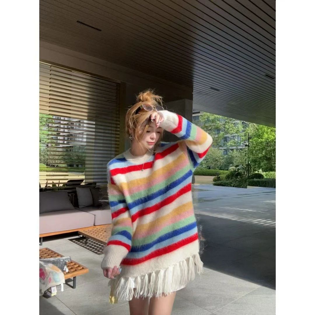 【百分百山羊绒】251335韩版拉绒款多巴胺彩虹条纹流苏羊绒衫时尚款