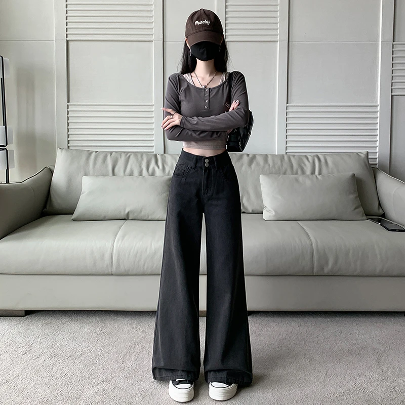 时尚阔腿牛仔显瘦百搭日常女加绒秋冬显高高腰宽松裤子小个子