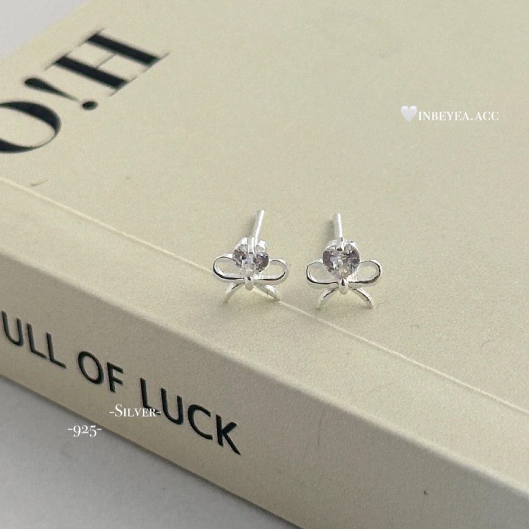 925银合成锆石耳饰 爱心蝴蝶结耳钉 通体银 35714