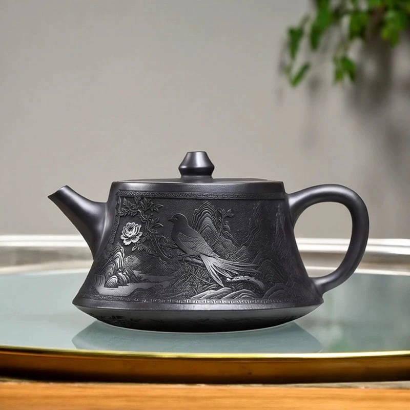 宜兴紫砂壶石黄泥名家手工制作270cc柱础精美茶壶茶具