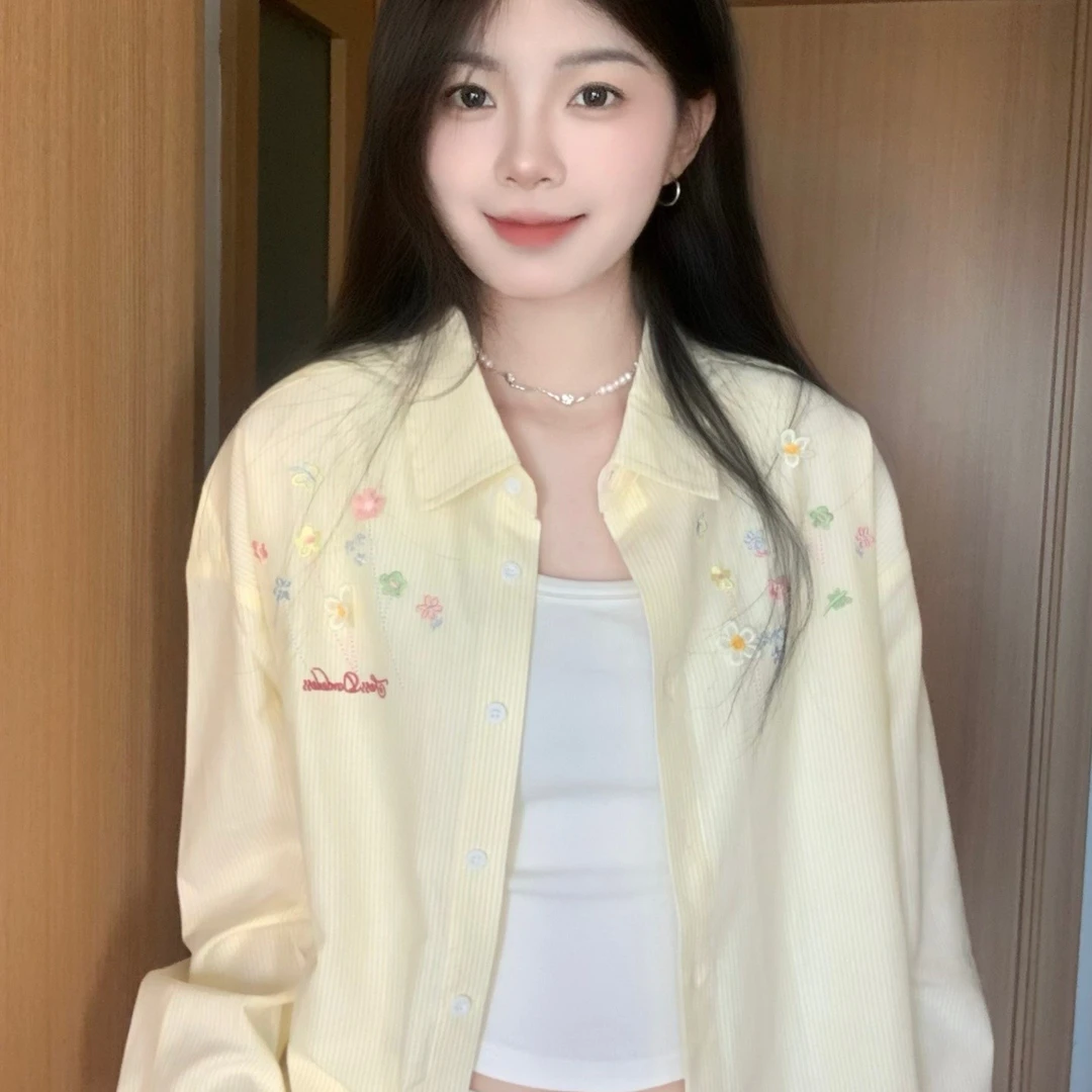 国潮牌立体花朵刺绣黄色条纹衬衫外套女夏季薄款开衫百搭上衣