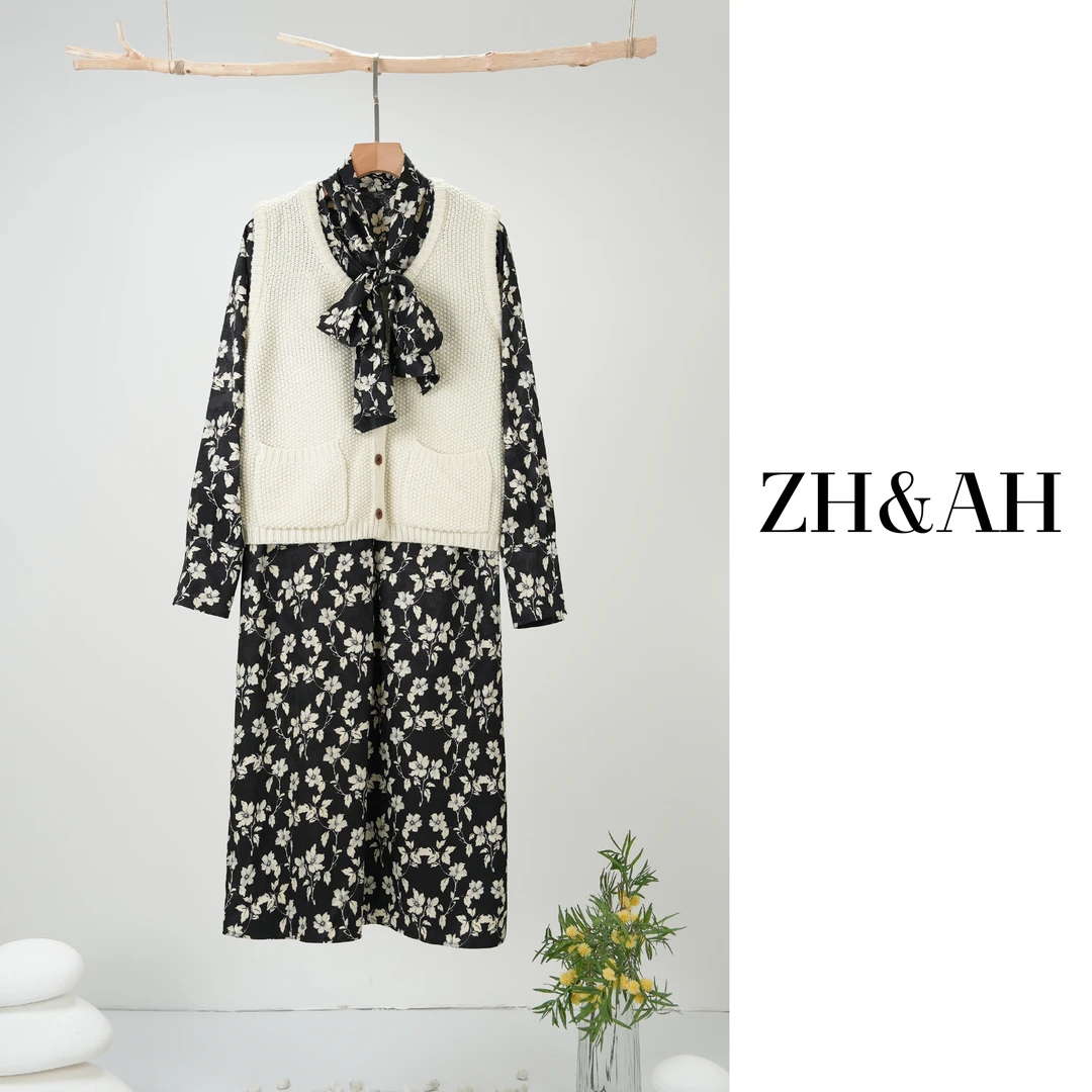 ZH&AH【花如语】秋季新款时尚气质百搭设计师款孕期法式碎花套装裙