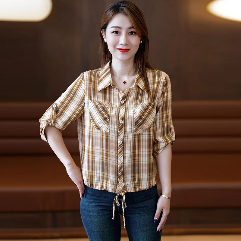 设计感时尚洋气格子短袖衬衫女2025年春秋新款宽松显瘦开衫上衣潮
