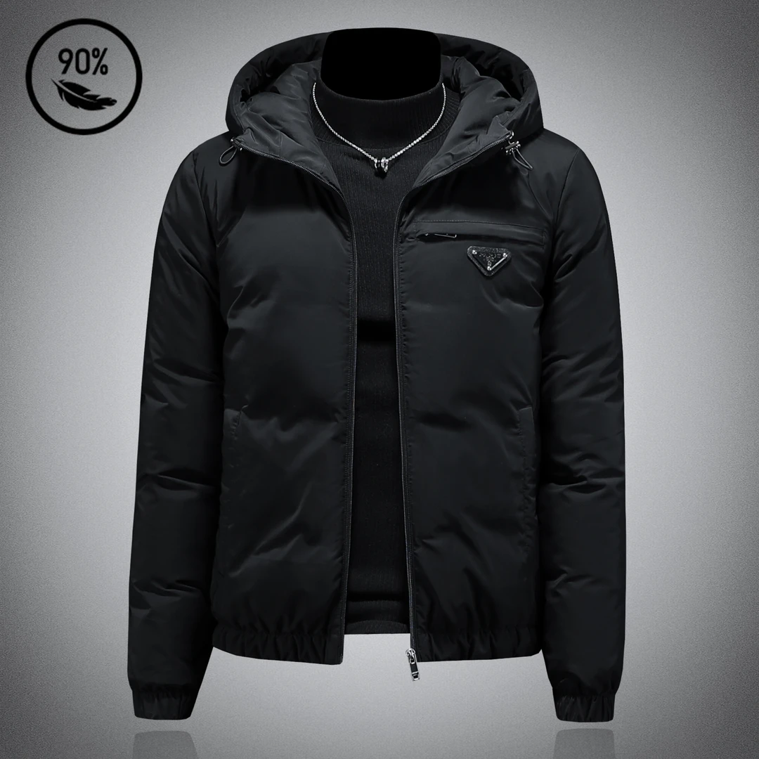 高端纯黑色休闲羽绒服男短款连帽时尚冬装保暖外套2025新款羽绒衣