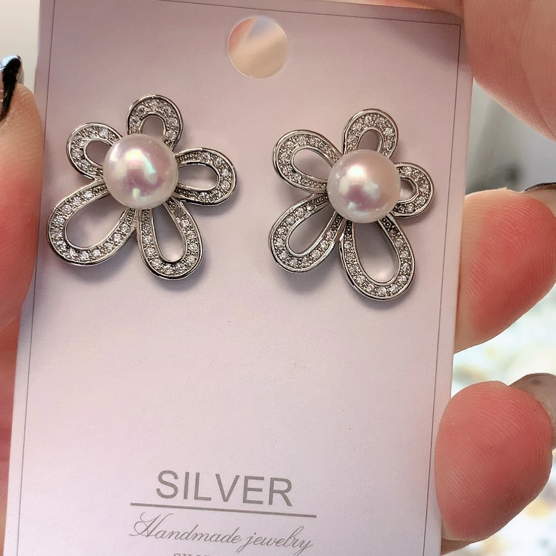 银S925镶嵌耳饰淡水珍珠