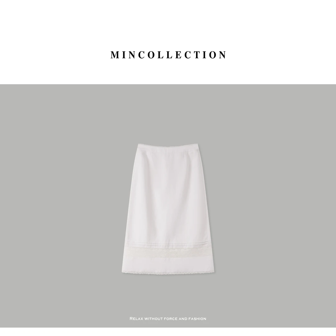 DE Mincollection蕾丝拼接半裙/天丝亚麻洗水轻法式半身裙55105
