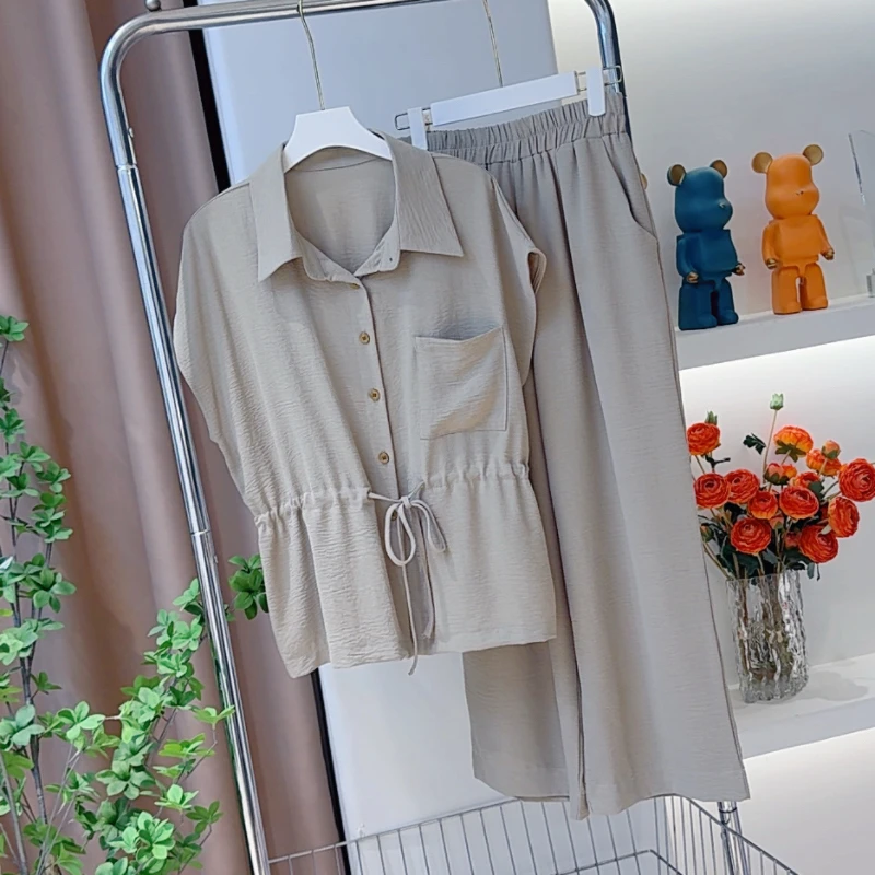 2008休闲风工装风时尚套装女装气质夏季新款大码显瘦衬衫两件套女