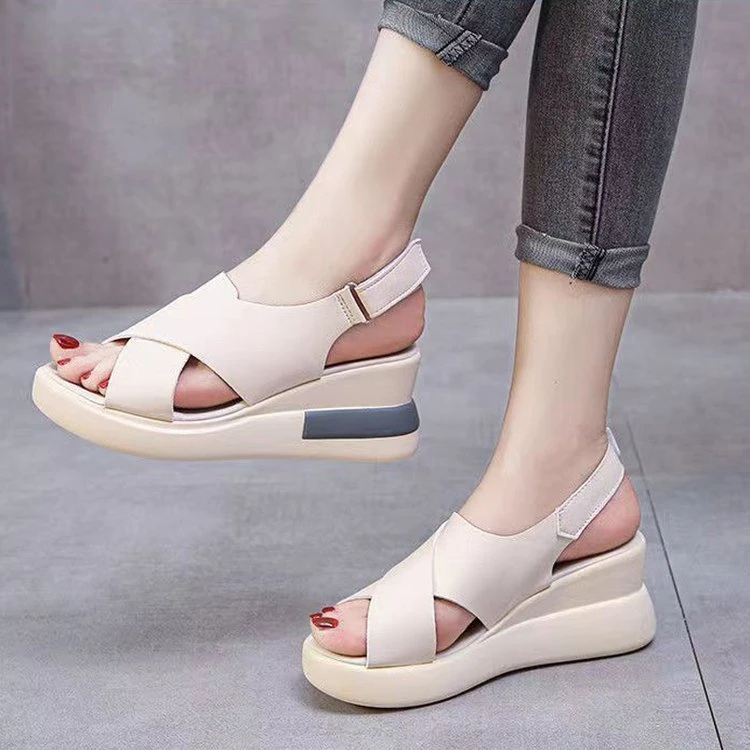 松糕厚底坡跟高跟凉鞋女2025年新款夏季防水台露趾鱼嘴罗马沙滩鞋