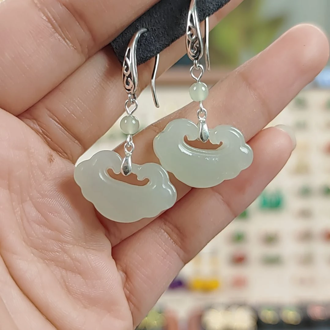 和田玉耳饰银S925镶嵌耳饰