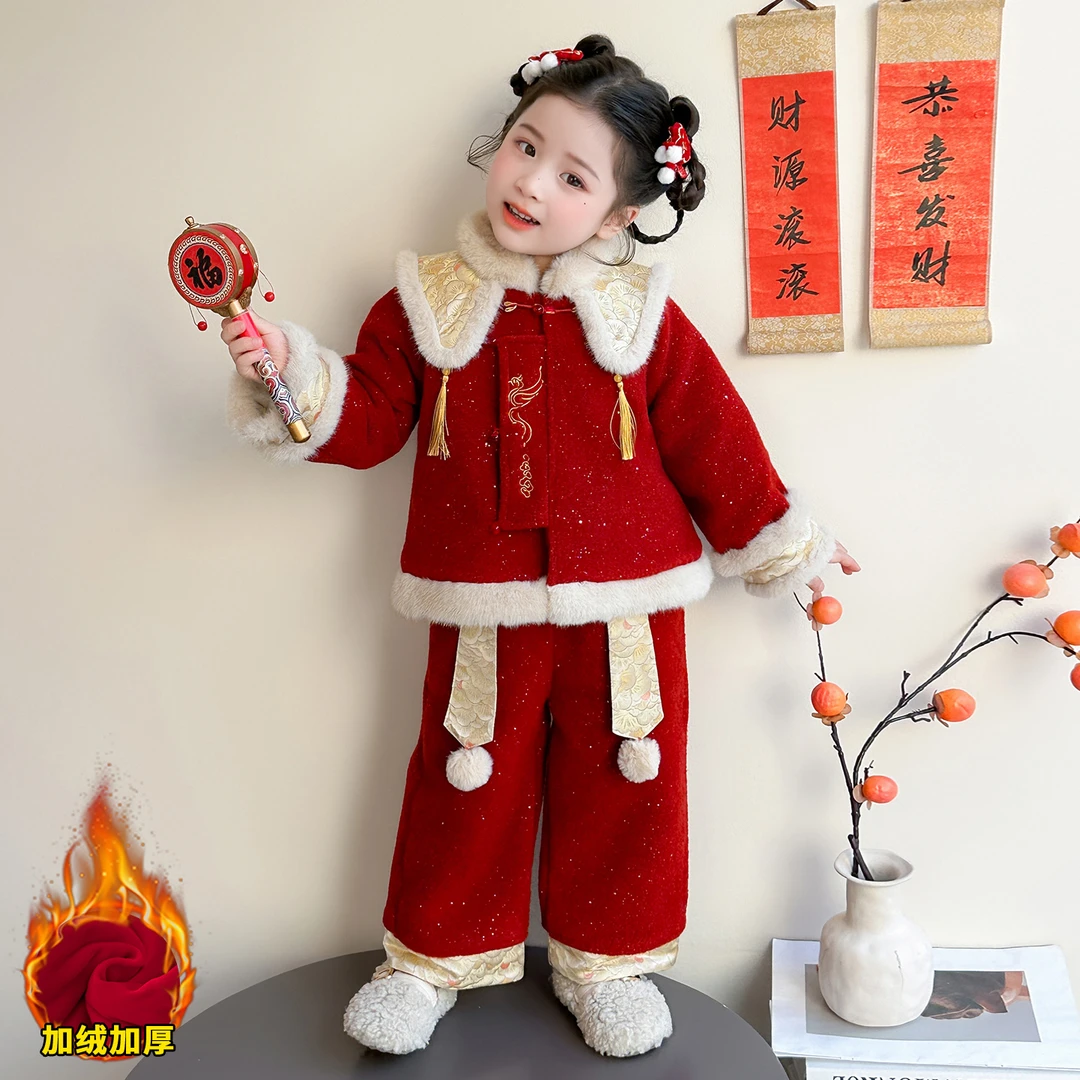 汉服女童国风加绒套装冬季2026新儿童拜年服宝宝中式喜庆过年衣服
