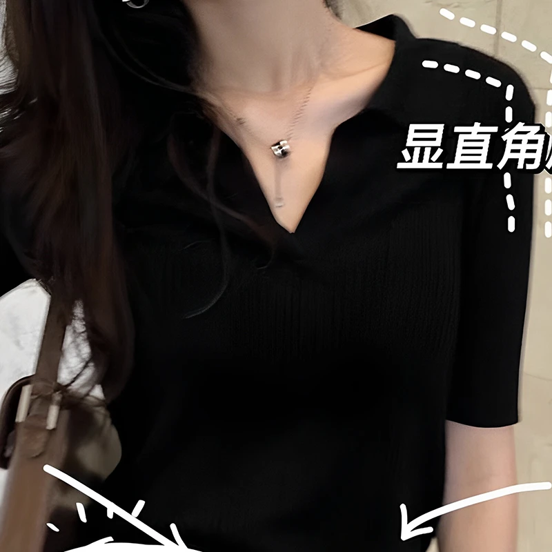 黑色正肩POLO针织衫短袖T恤女新款夏季修身显瘦冰丝凉感翻领上衣