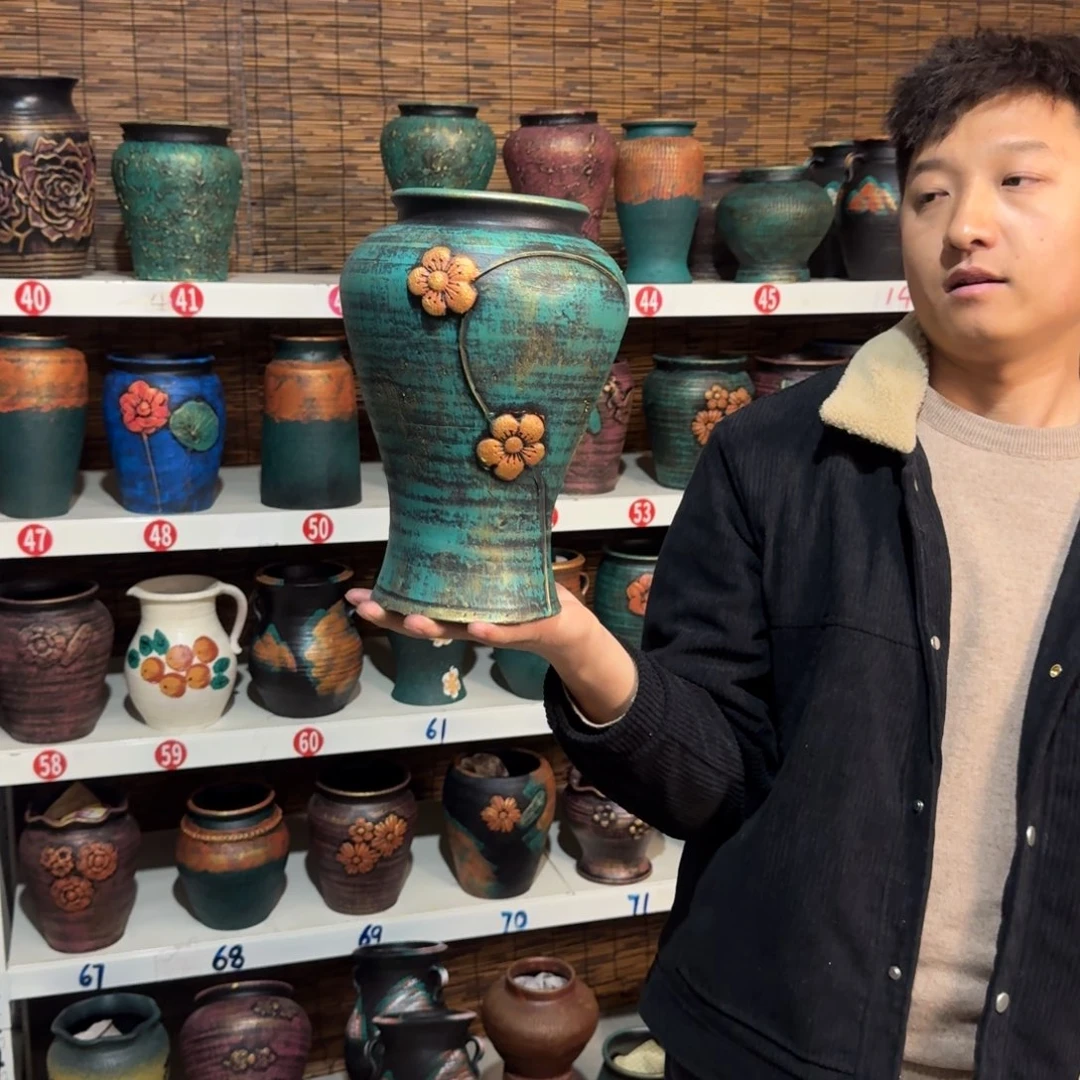 红陶红陶浮雕花盆炸炸炸