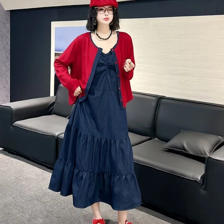 女士复古吊带蛋糕裙牛仔连衣裙早秋季外搭7989开衫搭