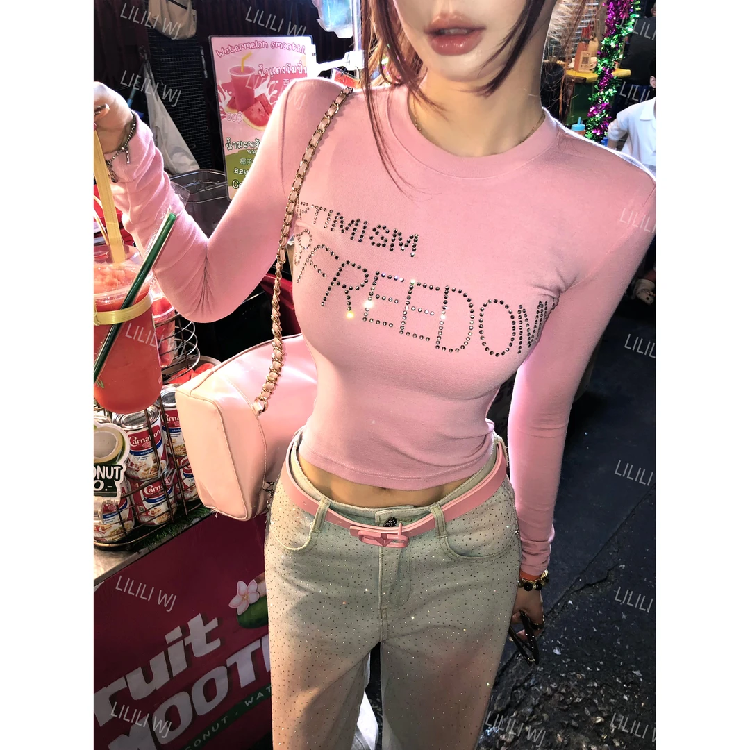 LI婉君【烫钻T】早春显瘦百搭修身烫钻字母长袖T恤上衣LWJ25A1T053