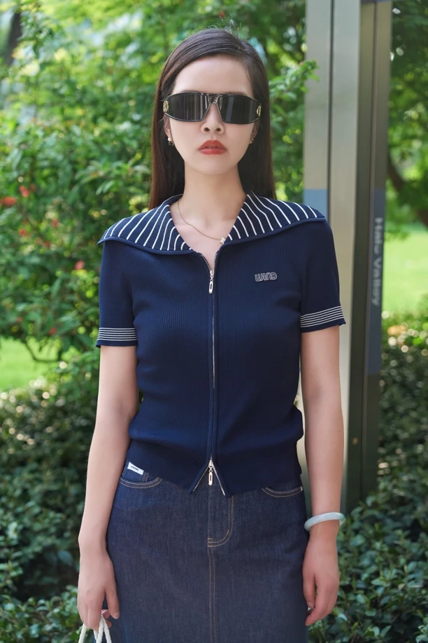 俪妍翻领短袖拉链开衫