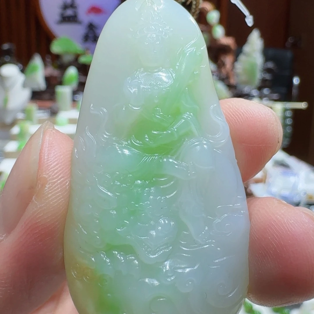 未镶嵌和田玉（翠青玉）挂件和田玉俄翠三色文殊菩萨