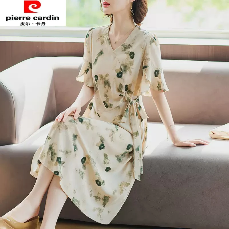 妈妈夏装气质雪纺短袖连衣裙2025新款中老年女夏季洋气收腰长裙子