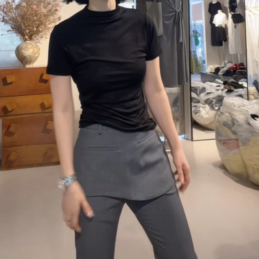 简约百搭宽松显瘦半高领黑色上衣女2025夏季新款时尚修身短袖T恤