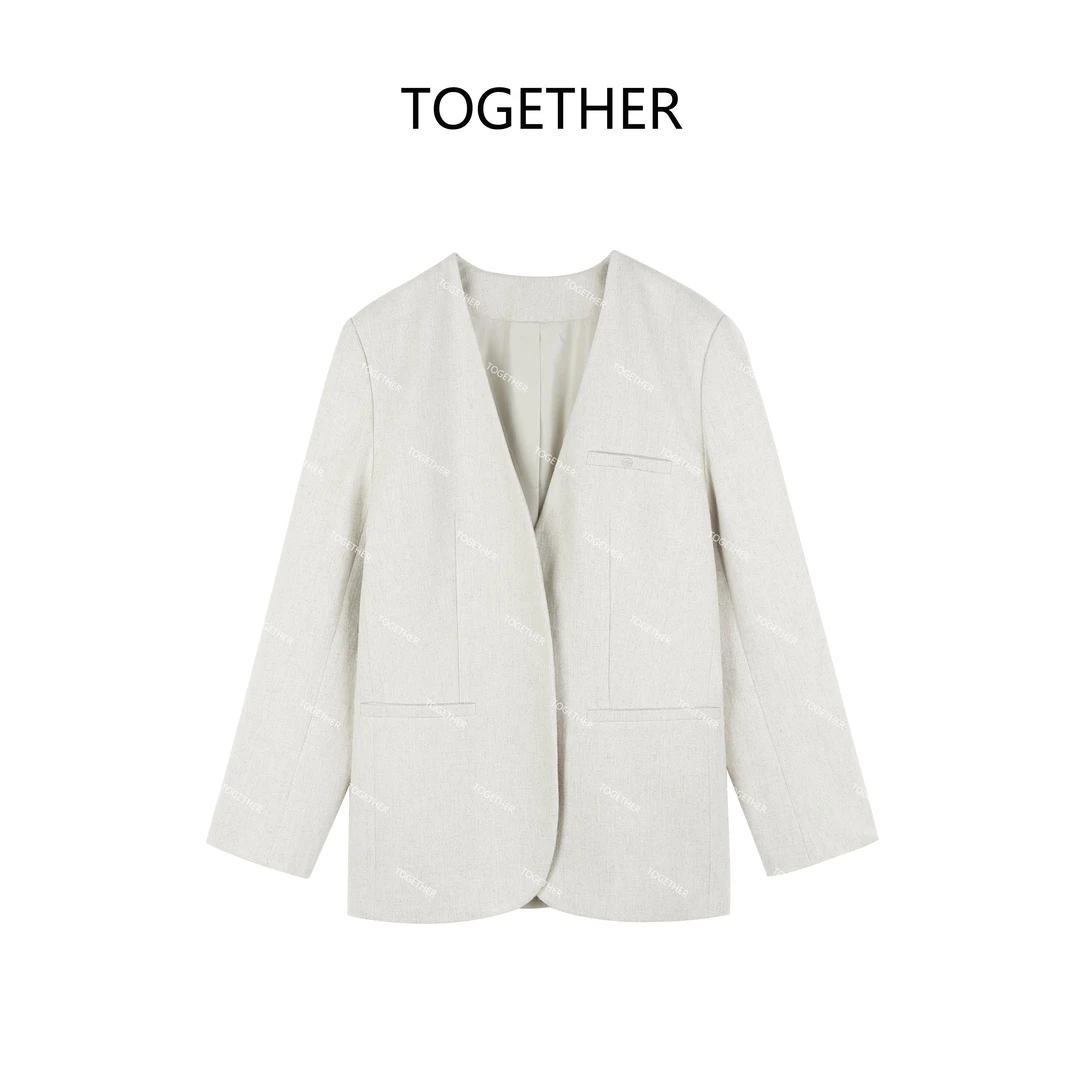 【ASIA BLUE】亚麻肌理感V领西装休闲外套AQ246